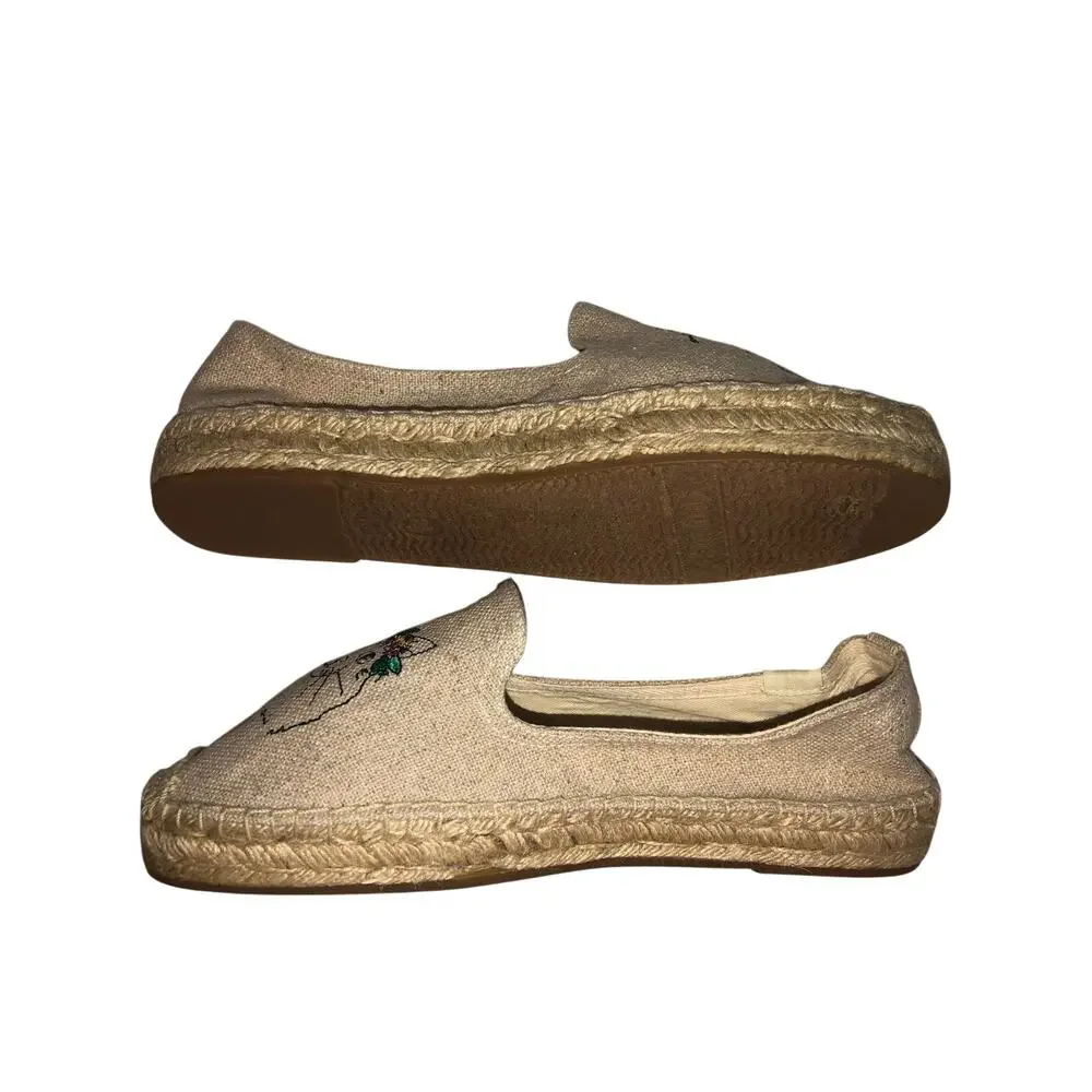 Soludos Spirit Animal Cat Smoking Espadrille Size 8.5 Beige Whimsy Boho Summer